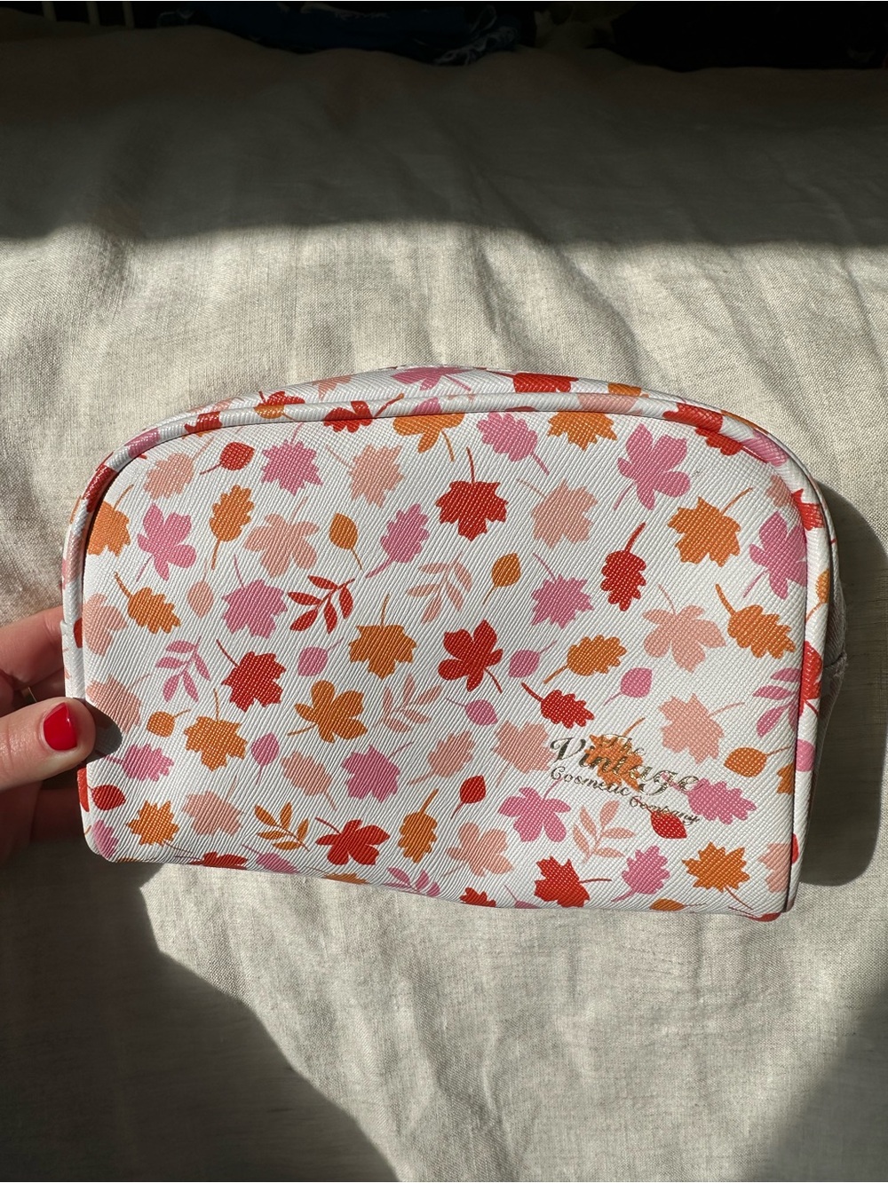 The Vintage Cosmetic Company Fall Leaves Print Cosmetic Pouch - Pink & Orange